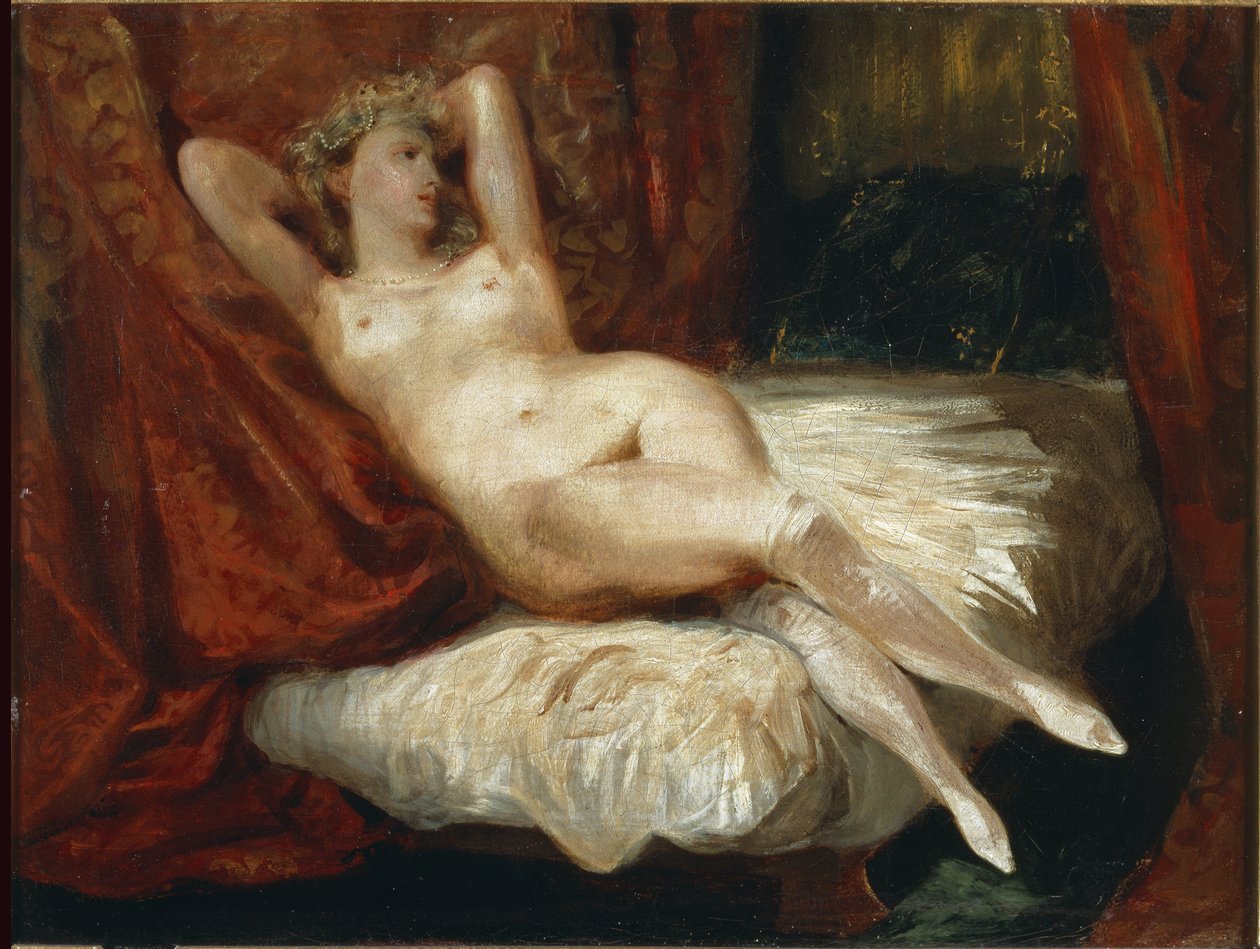 Badanie nagiej kobiety leżącej na kanapie mówi, że kobieta w białych pończochach - olej na płótnie autorstwa Ferdinand Victor Eugene Delacroix
