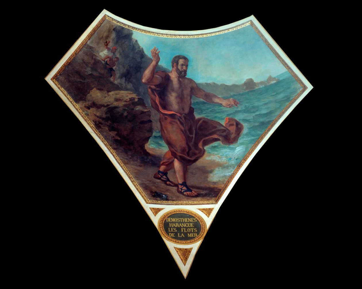 Grecki mówca polityczny Demosten zaaranżował fale morskie, aby stwardnieć na zgiełk i zgiełk zgromadzeń ludu Athenes Fresco Eugene Delacroix (1798-1863) dekorujący kopułę biblioteki Zgromadzenia Narodowego (P autorstwa Ferdinand Victor Eugene Delacroix
