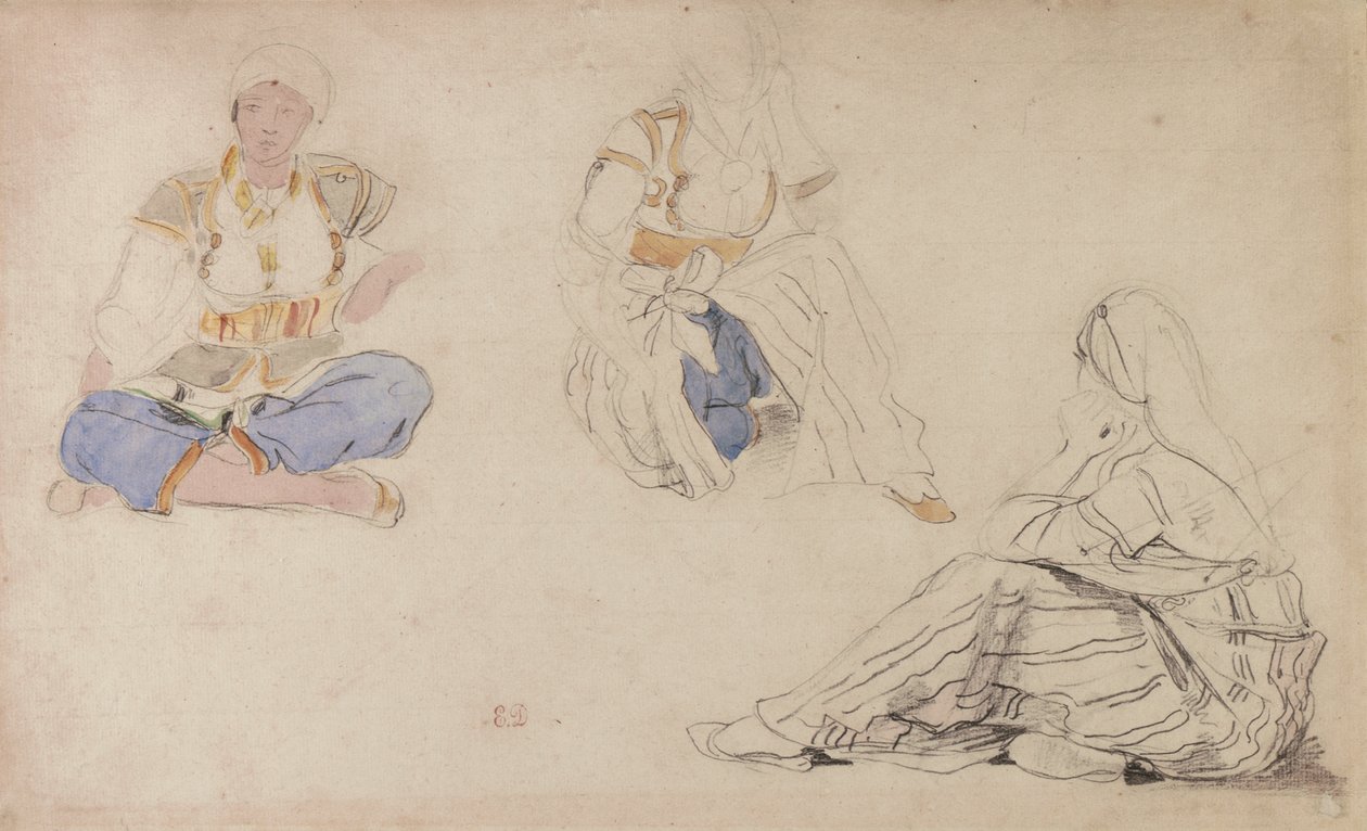 Trzy studia siedzącej Marokanki (czarny ołów i akwarela na papierze) autorstwa Ferdinand Victor Eugene Delacroix