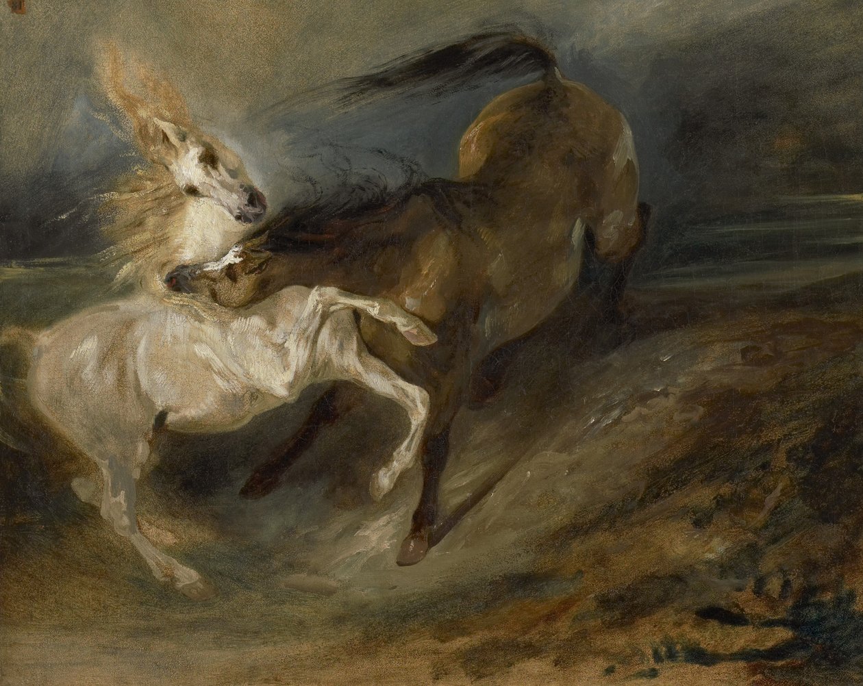 Dwa konie walczące w burzliwym krajobrazie, ok. 1828 autorstwa Ferdinand Victor Eugene Delacroix