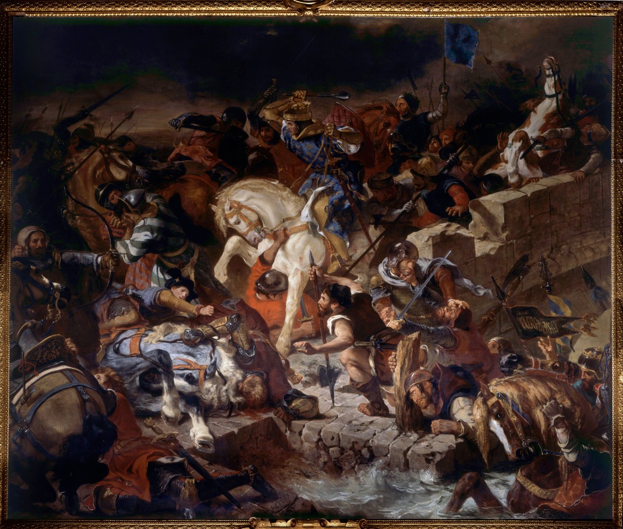 Widok bitwy pod Taillebourg wygranej przez króla św. Ludwika 21 lipca 1242 r. Bitwa między wojskami kapetyńskimi króla Francji św. Ludwika i ich buntów wasali, Henryka III Anglii i Hugona X z Lusignan. Obraz Eugene