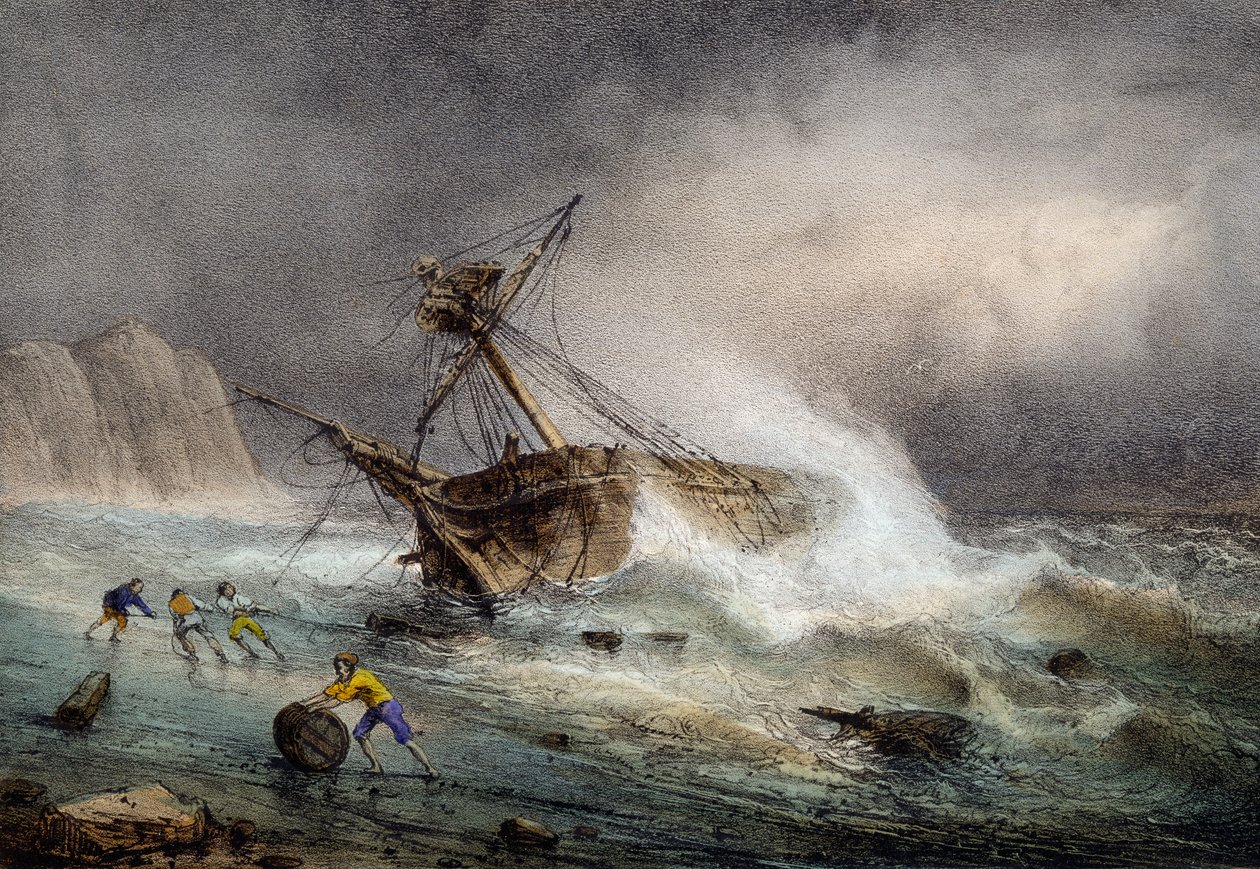 Brigantine stranded, litografia kolorowa autorstwa Ferdinanda Perrot autorstwa Ferdinand Victor Perrot