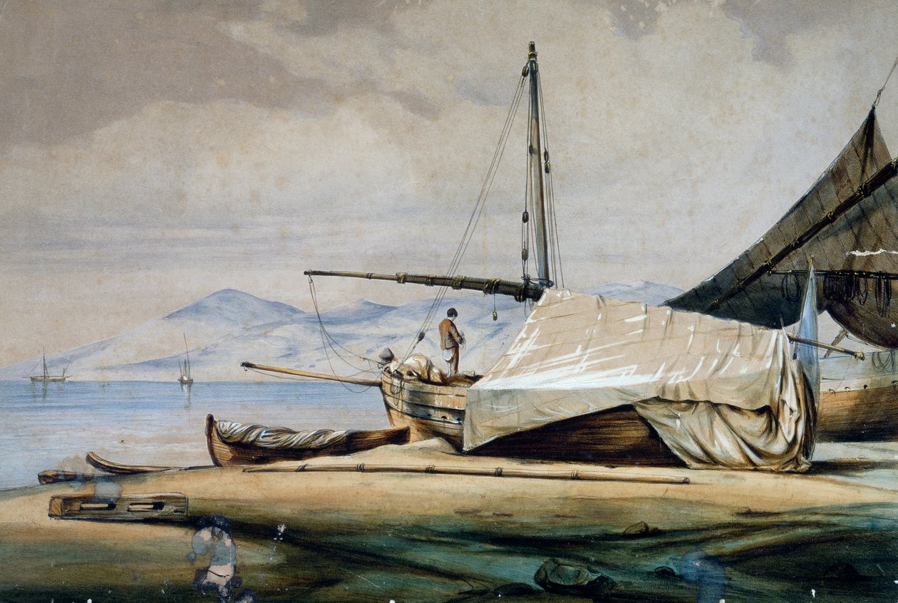Leudi, liguryjska łódź rybacka, kolorowa litografia Ferdinanda Perrot autorstwa Ferdinand Victor Perrot