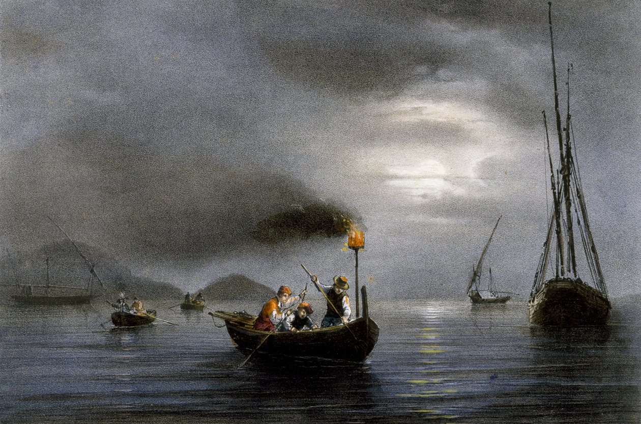 Nocne wędkowanie przy lampie wędkarskiej, litografia kolorowa Ferdinanda Perrota (1808-1841) autorstwa Ferdinand Victor Perrot