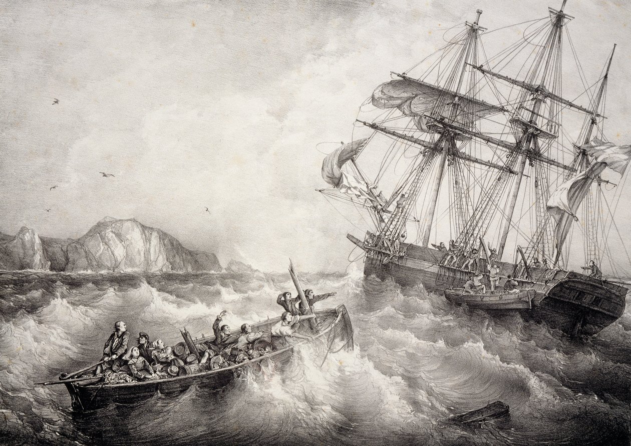 Ratowanie załogi bretońskiej łodzi rybackiej przez szwedzki statek Le Neptune, litografia autorstwa Ferdinanda Perrot autorstwa Ferdinand Victor Perrot
