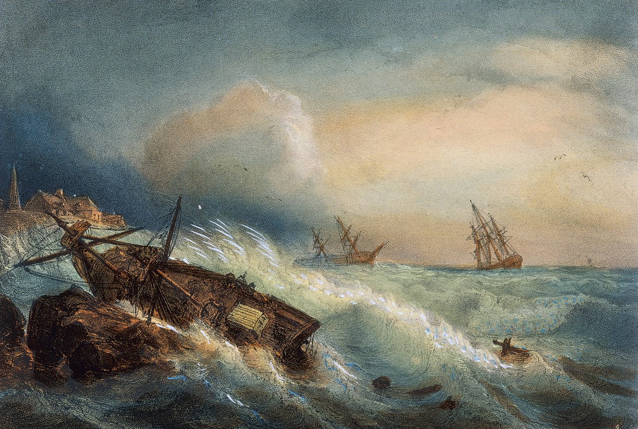 Wrak statku na wybrzeżu Saint Nazaire, kolorowa litografia Ferdinanda Perrota, Francja autorstwa Ferdinand Victor Perrot