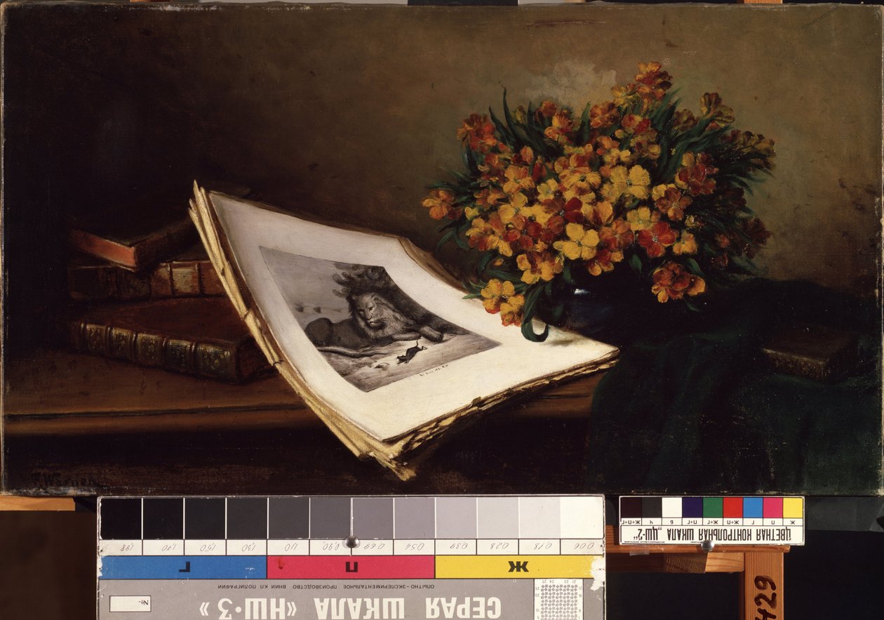 Martwa natura z litografią. Obraz Ferdinanda Wagnera (1819-1881). Olej na płótnie, 48 x 86,5 cm. XIX-wieczna sztuka niemiecka. Państwowe Muzeum Sztuki im. MK Ciurlionisa w Kownie (Litwa). autorstwa Ferdinand Wagner