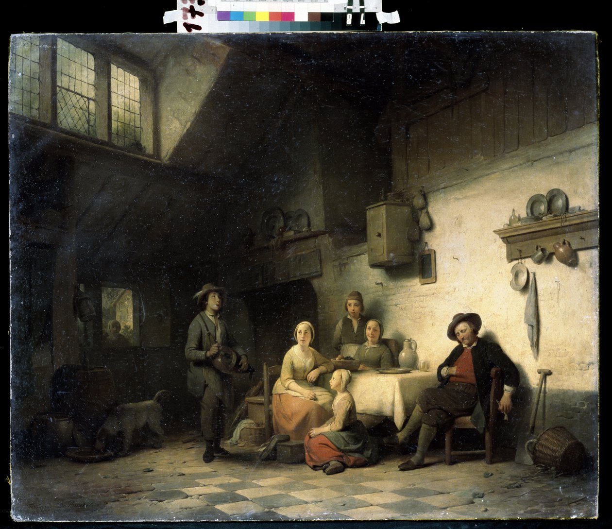 ""Le concert prive"" (Koncert domowy) Rodzina zebrana w skromnym wnętrzu w Belgii słucha muzyka grającego na lirze korbowej. Obraz Ferdinanda de Braekeleera Starszego (1792-1883) XIX-wieczne Muzeum Sztuki Michaiła Kroszyckiego, Sewastopol (Se autorstwa Ferdinand de Braekeleer