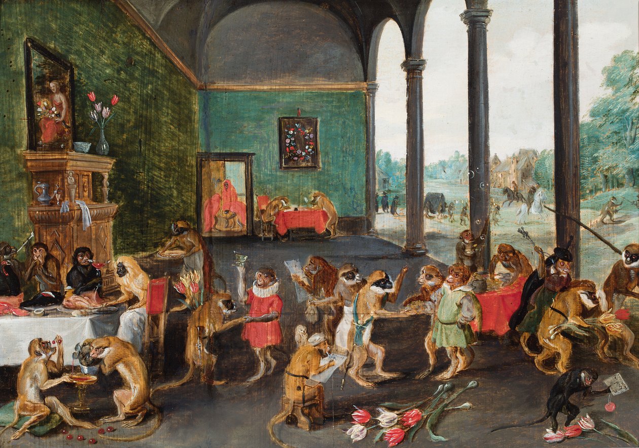 Małpia uczta (olej na panelu) autorstwa Ferdinand van Kessel