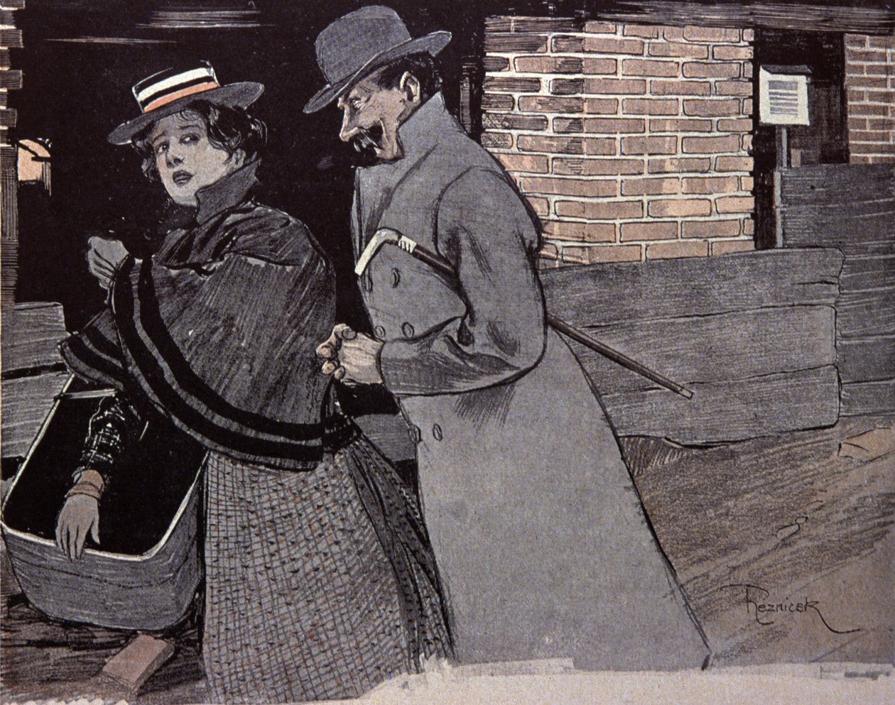 Mężczyzna nęka młodą kobietę. Ilustracja F. Von Reznicek w: Simplicissimus, Niemcy autorstwa Ferdinand von Reznicek
