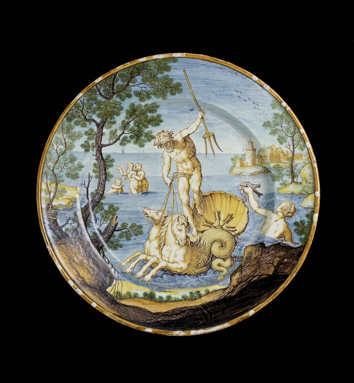 Talerz z Neptunem w swoim rydwanie, ok. 1930 r. 1730 - 1750 ceramika szkliwiona cyną, majolika autorstwa Ferdinando Maria Campani