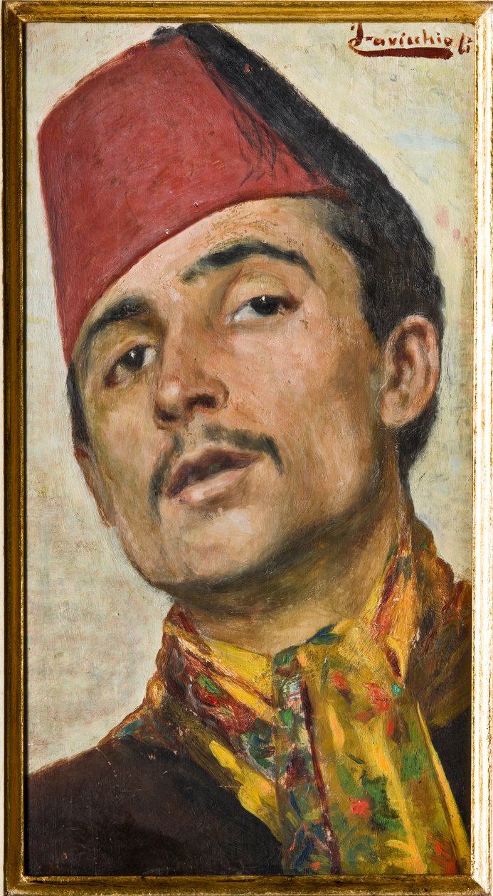 Mężczyzna w fezie (olej na pokładzie) autorstwa Ferdinando Cavicchioli