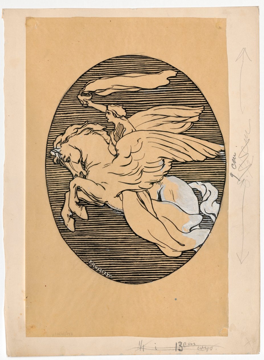 Muse auf Pegasus, Emblem des Theaters "Lutnia" in Wilna autorstwa Ferdynand Ruszczyc