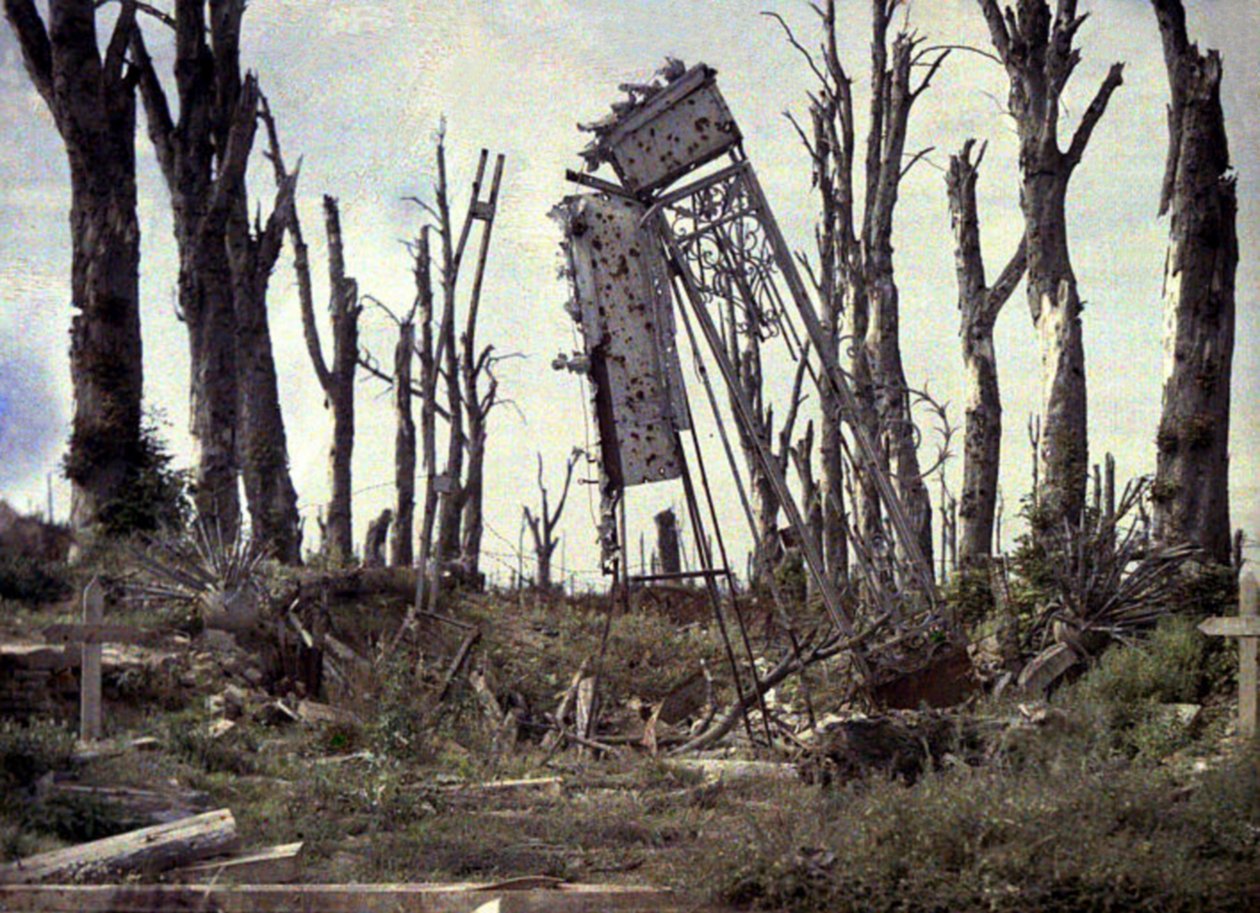 Brama zamku i drzewa zniszczone przez ostrzał artyleryjski, Chaulnes, Somme, Francja, 1917 (autochrom) autorstwa Fernand Cuville