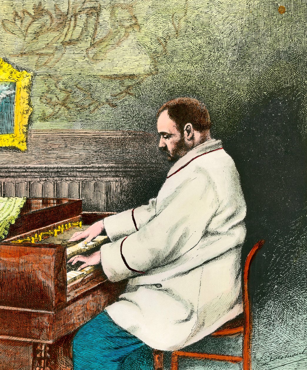 Portret Emila Zoli (1840-1902) grającego na organach. Grawerowanie Desmoulin (XIX wiek). Dz. Wyjść. autorstwa Fernand Desmoulin