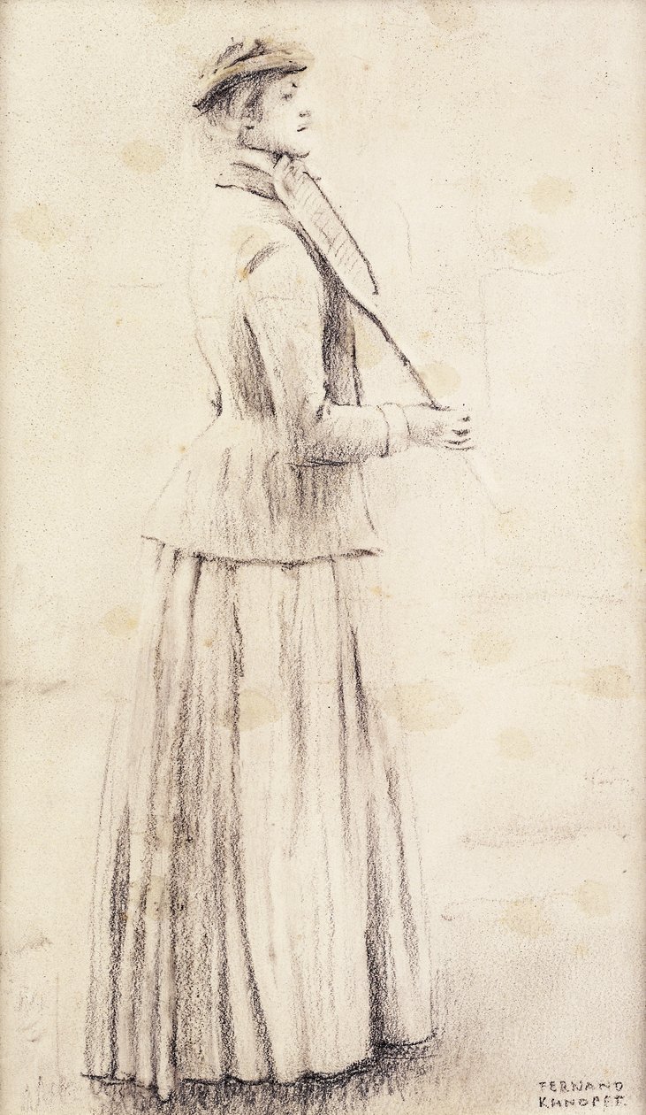 tenisista; Studium „Wspomnienia”; tenisista; lub tenis Du Lawn; Studium dla „Wspomnienia” Tennisspeelster; Studium „Wspomnienia”, ok.1887 autorstwa Fernand Khnopff