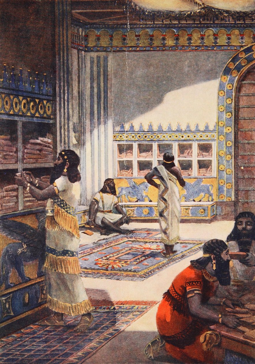 Słynna Biblioteka Króla Aszur-Bani-Pala w Niniwie, ilustracja z „Historii Narodów Hutchinsona”, ok. 1910 autorstwa Fernand Le Quesne