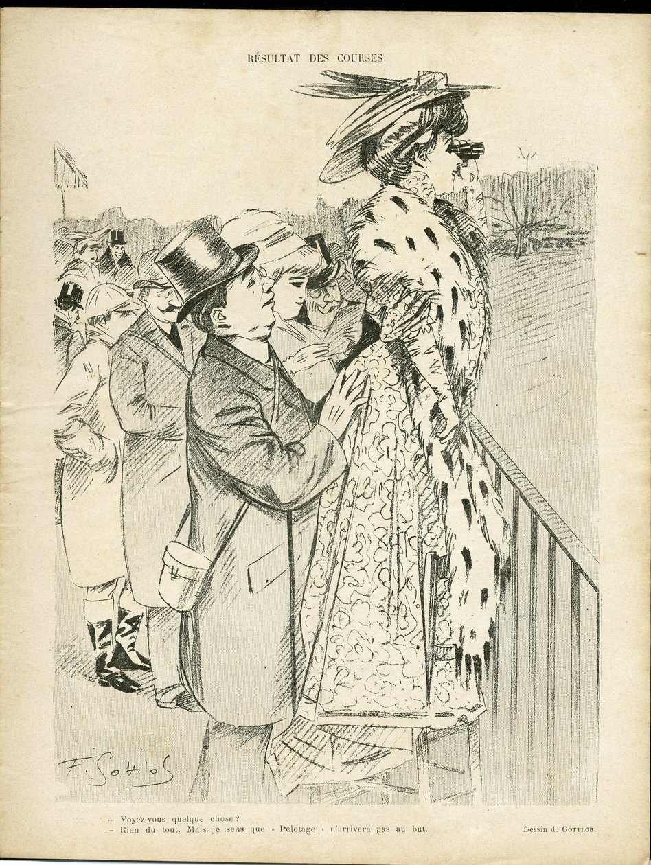 Ilustracja Gottloba (1873-1935) w Le Lire, 21.12.07 - Wyniki wyścigów - Miłość, Moda, Życie bogatych, Hippizm - Kobiety autorstwa Fernand Louis Gottlob