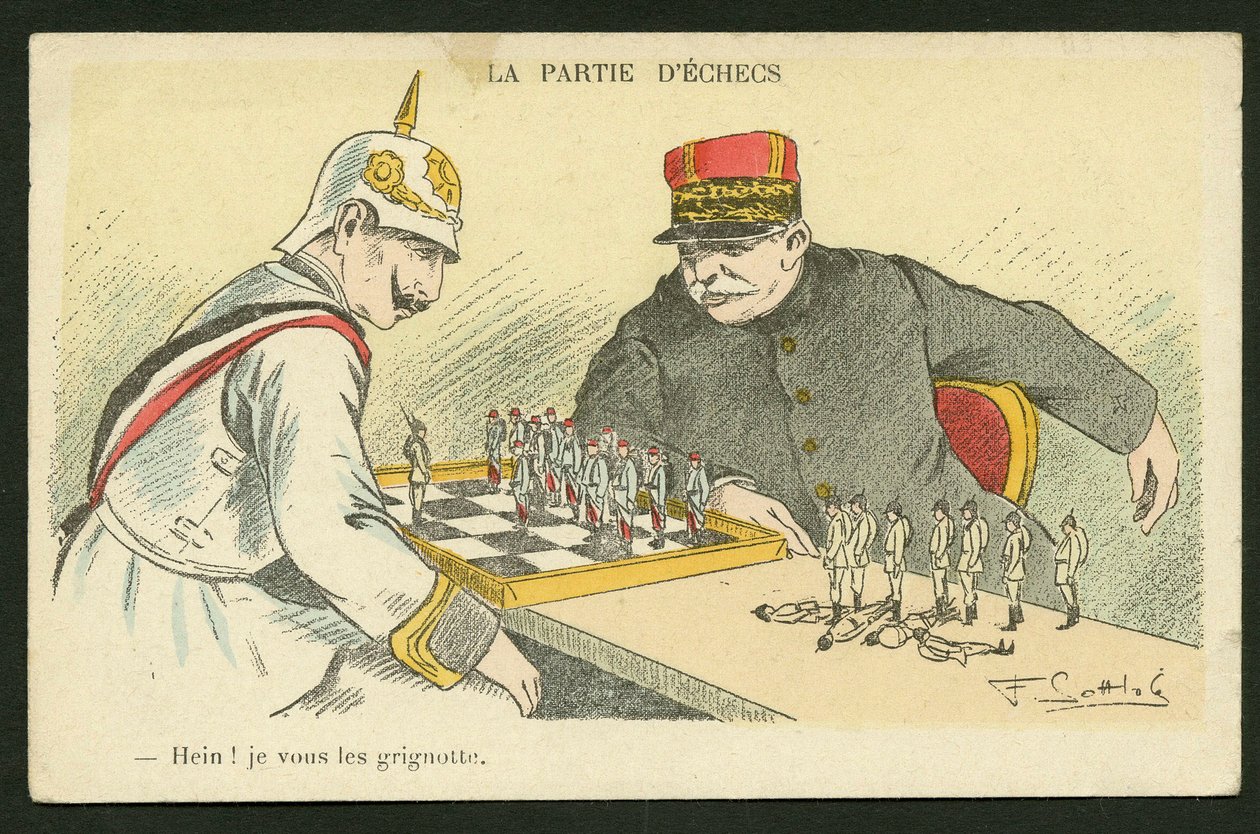 Pocztówka, satyryczna w kolorach: Hein! I Snack You - Wojna 14-18, Niemcy Prusy - Wilhelm II, Joffre, żołnierze Ilustracja Gottloba (1873-1935) autorstwa Fernand Louis Gottlob