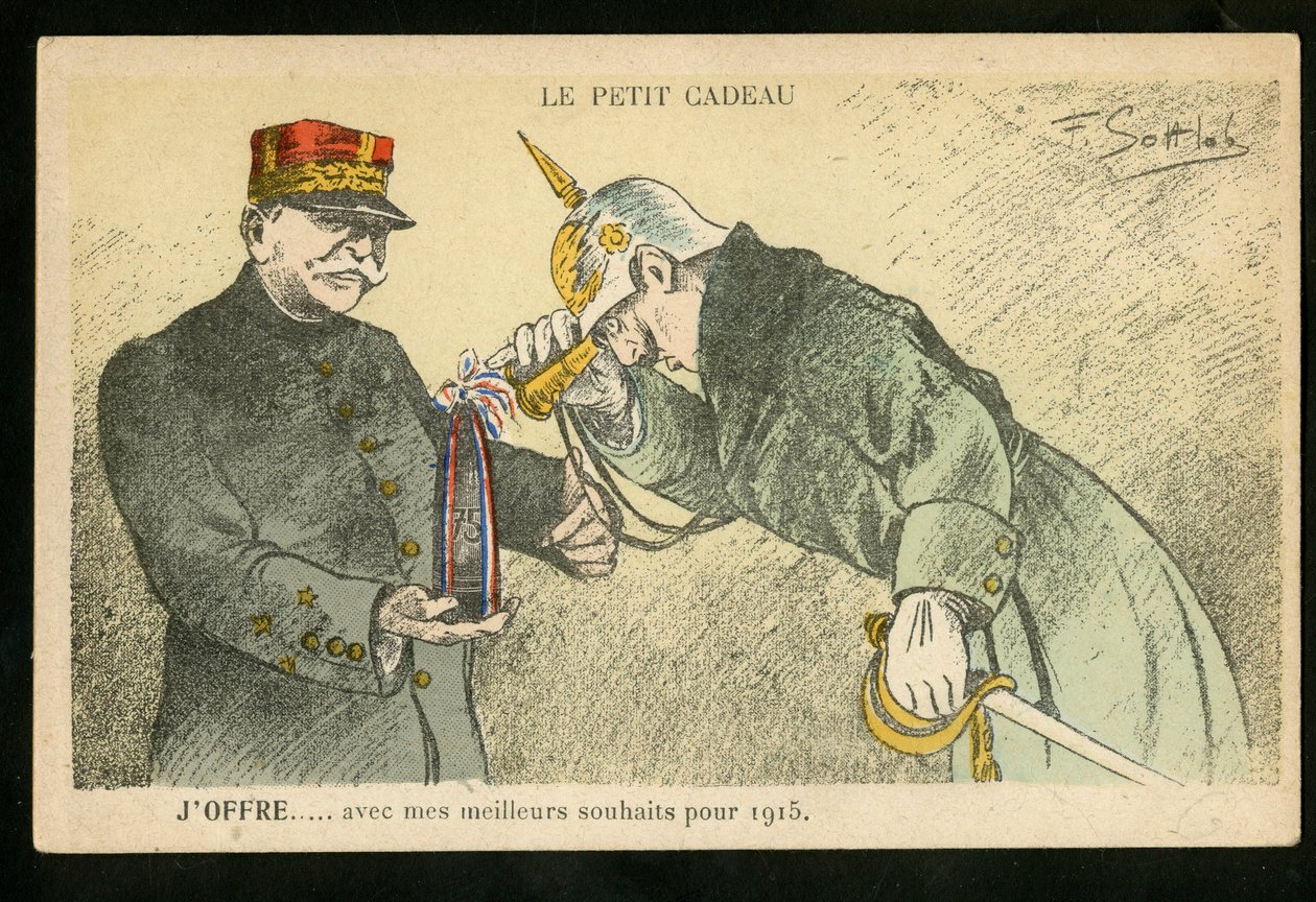 Pocztówka, Satyryka w Kolorach, ca. 1914_12: Mały prezent, który ofiaruję z najlepszymi życzeniami na rok 1915 - Wojna 14-18, kanony, pociski - Wilhelm II, Joffre Ilustracja Gottloba (1873-1935) autorstwa Fernand Louis Gottlob