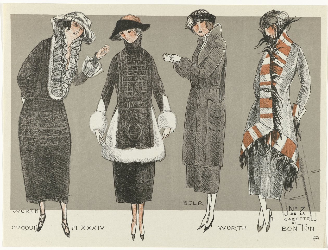 Gazette du Bon Ton, 1920 - nr 7, Croquis Pl XXXIV: Worth / Beer / Worth (tytuł na obiekcie) autorstwa Fernand Siméon
