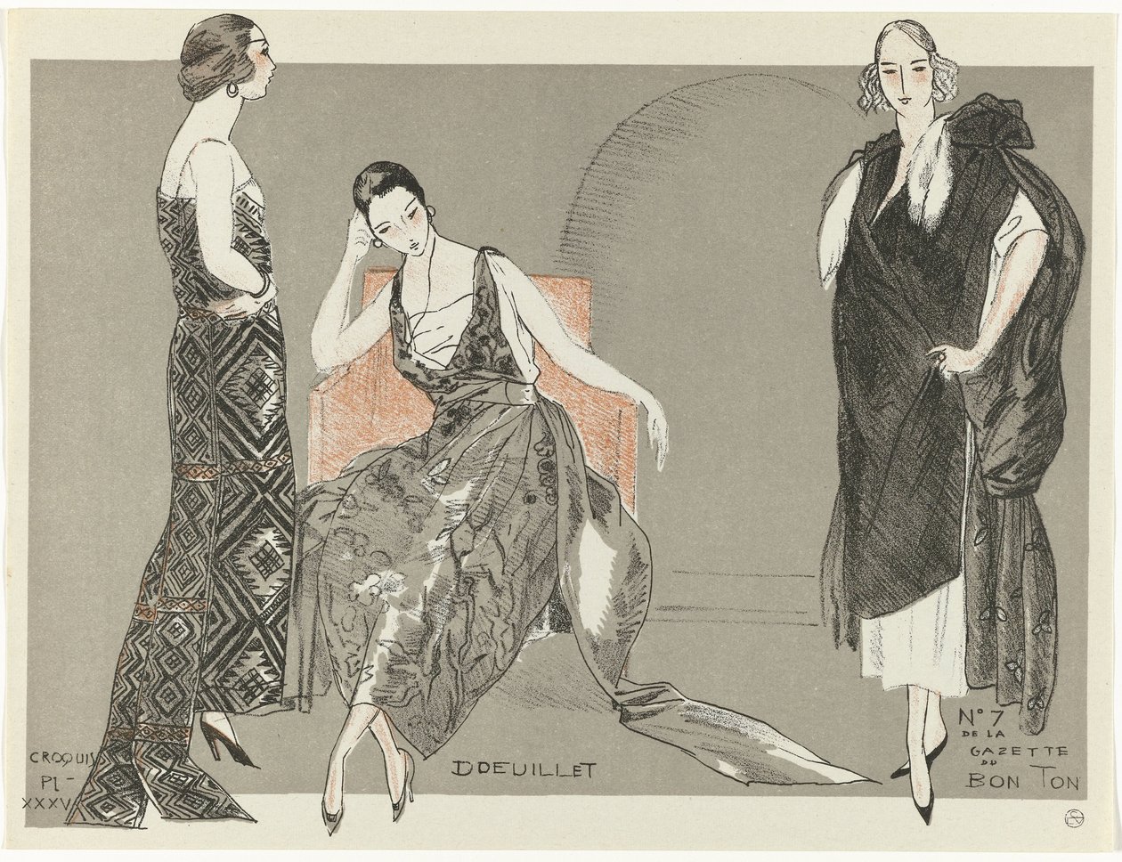 Gazette du Bon Ton, 1920 - nr 7, Croquis Pl. XXXV: Doeuillet (tytuł na obiekcie) autorstwa Fernand Siméon