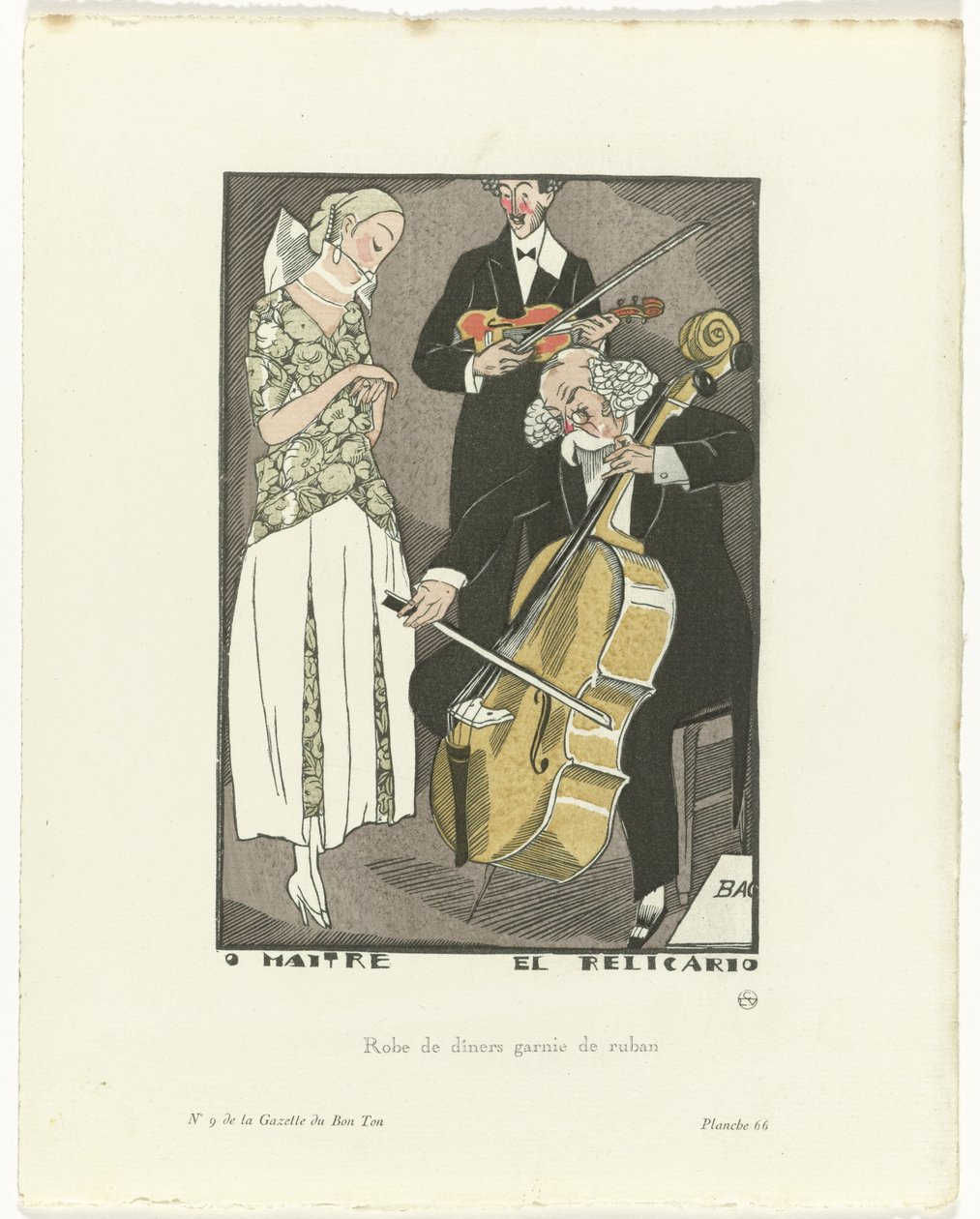 Gazette du Bon Ton, 1920 - nr 9, pl. 66: O Maitre el Relicario / Suknia obiadowa obszyta wstążką (tytuł na obiekcie) autorstwa Fernand Siméon