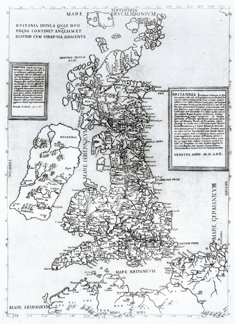 Wyspa brytyjska, która zawiera królestwa Anglii i Szkocji sąsiadujące z Irlandią, grawerowane przez Paulo Forlani, 1562 (rycina miedzi) autorstwa Fernando Bertelli