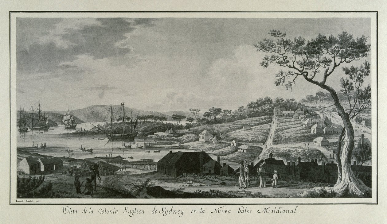 MALASPINA, Alejandro (1754-1809). Włosko-hiszpański nawigator i odkrywca; BRAMBILA, Fernando (1763-1834). Malarz. Australia (XVIII w.). Angielska kolonia Nowej Południowej Walii. Rysunek Fernando Brambili ilustrujący wyprawę naukową Alejandro Mal autorstwa Fernando Brambila