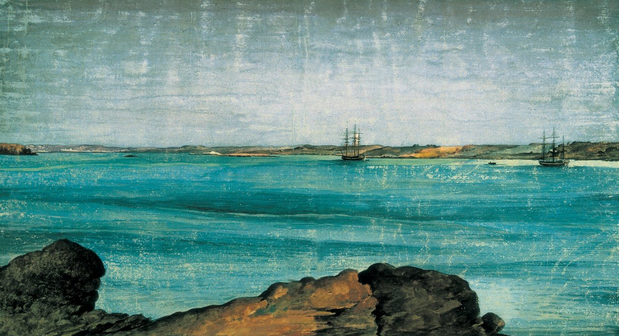 Port Pożądany, szczegół. Miasto i port rybacki Patagonii, w prowincji Santa Cruz w Argentynie. Rysunek Fernando Brambila (1763-1832) Madryt. Muzeum Marynarki Wojennej. autorstwa Fernando Brambila