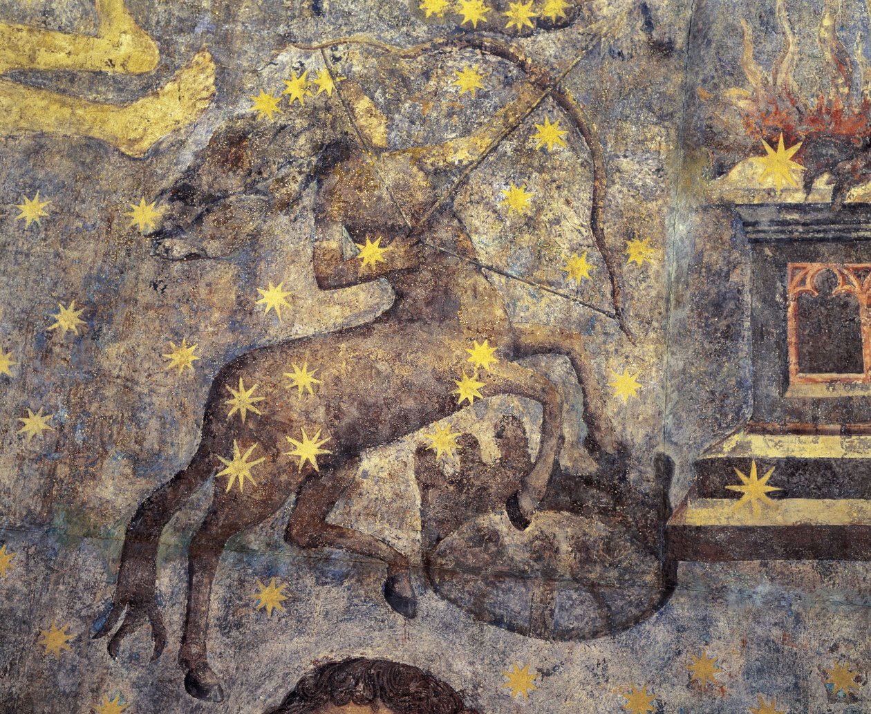 Okres gotycki. Kopuła Zodiaku (1485) – Fernando Gallego (1440-1507). XV wiek. Malowidła ścienne. Zdobią bibliotekę Uniwersytetu w Salamance w Kastylii w Hiszpanii. Reprezentuje znaki zodiaku. Centaur. Symbol konstelacji. autorstwa Fernando Gallego