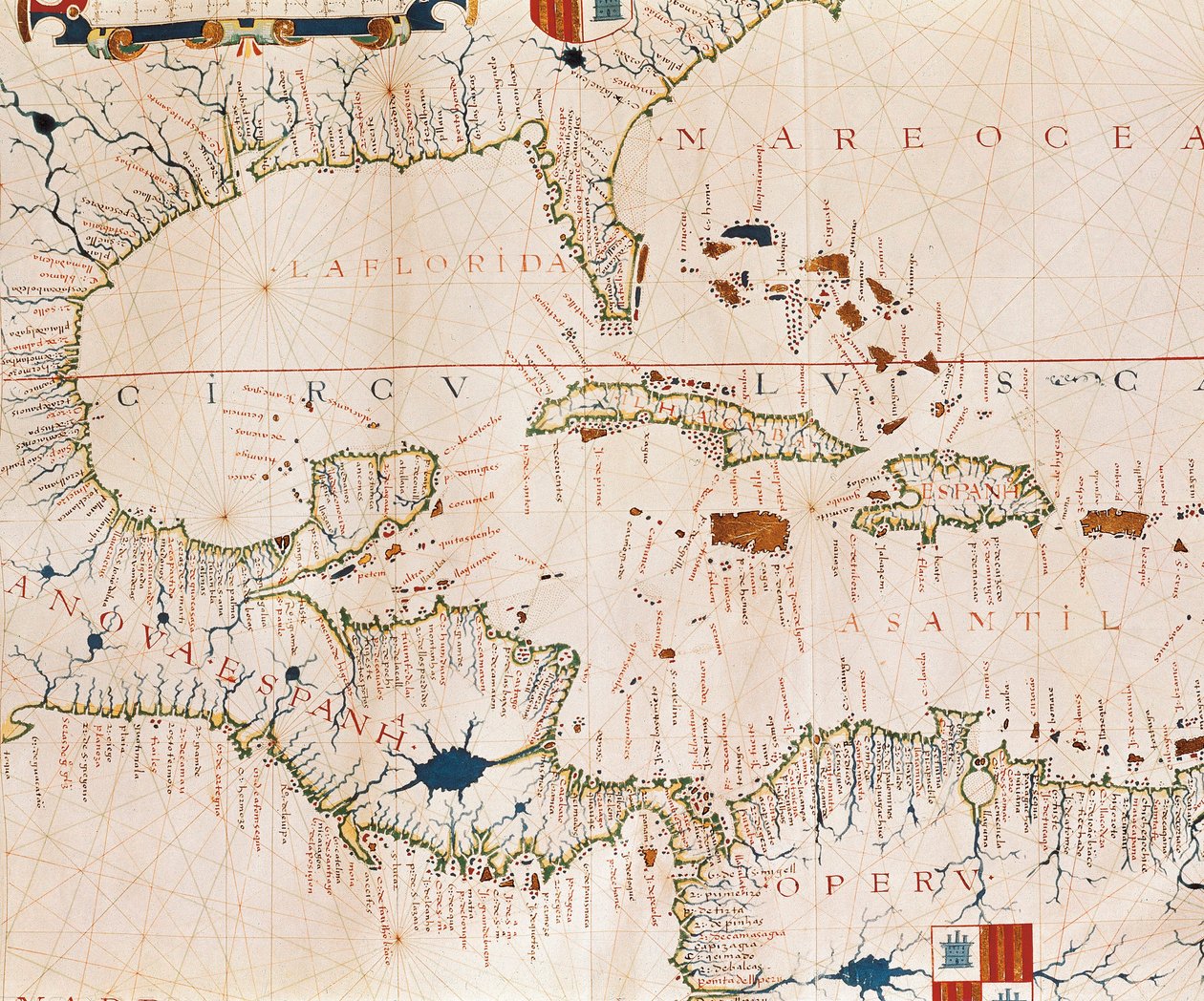 Portulan: Mapa geograficzna z nazwą linii brzegowej Kuby, Florydy, Ameryki Środkowej i Północnej Ameryki Łacińskiej, Atlas hydrograficzny Fernao Vaza Dourado (XVI wiek) autorstwa Fernao Vaz Dourado