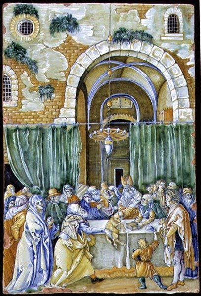 C.91-1961 Panel przedstawiający Odrzucenie ofiary Joachima, prawdopodobnie Ferruccio Mengaroni (1875-1930) za Albrechtem Durerem (1471-1528) c.1900-25, włoski, z Pesaro (ceramika glazurowana cyną) autorstwa Ferruccio Mengaroni