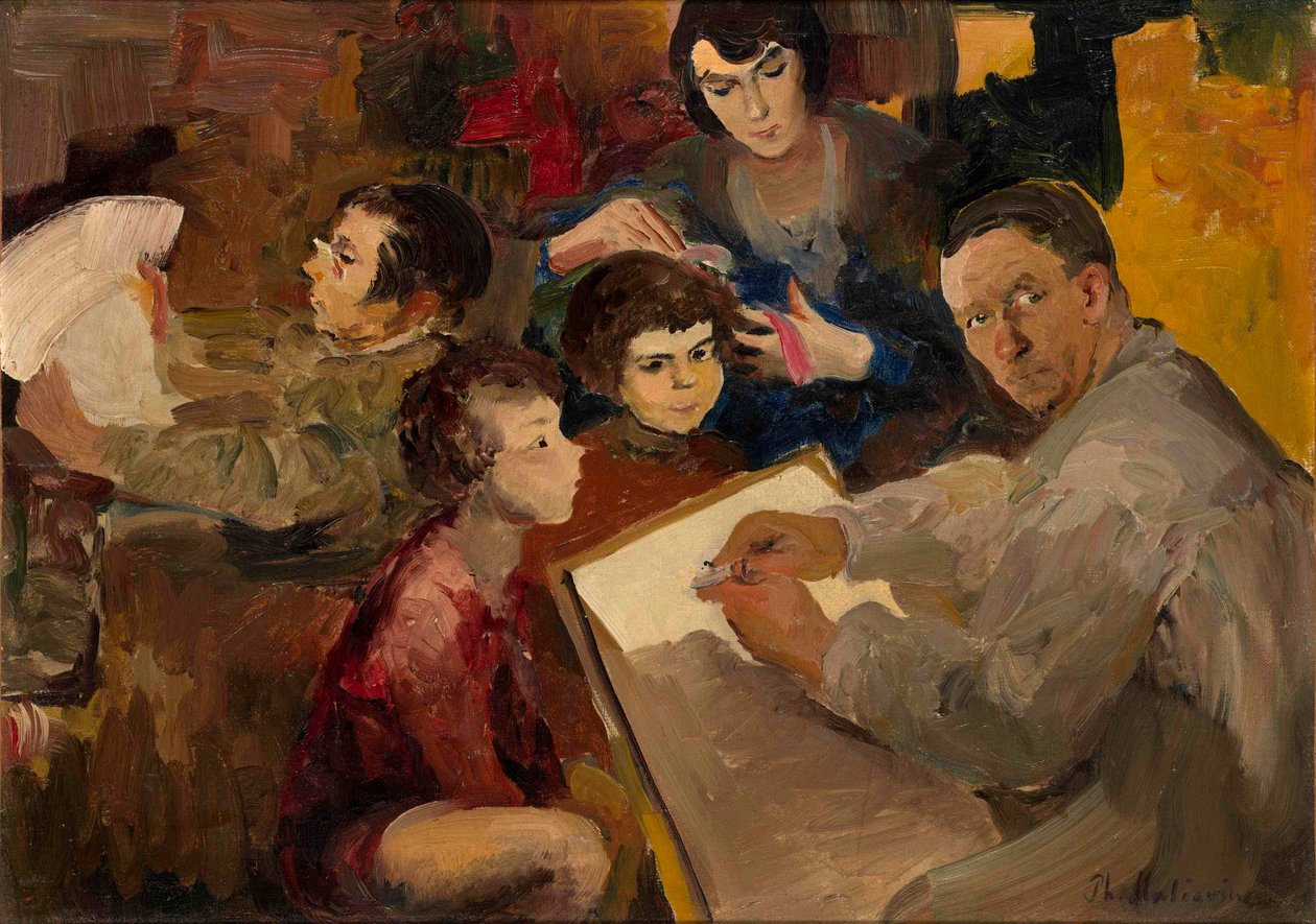 Autoportret z rodziną - Obraz Filipp Andreyevich Maliavin (Maliavine) (lub Andreyevich Malyavin) (1869-1940), olej na płótnie (46,5x64,5 cm), sztuka rosyjska, koniec XIX-początek XX wieku - Kolekcja prywatna autorstwa Filipp Andreevich Maliavin