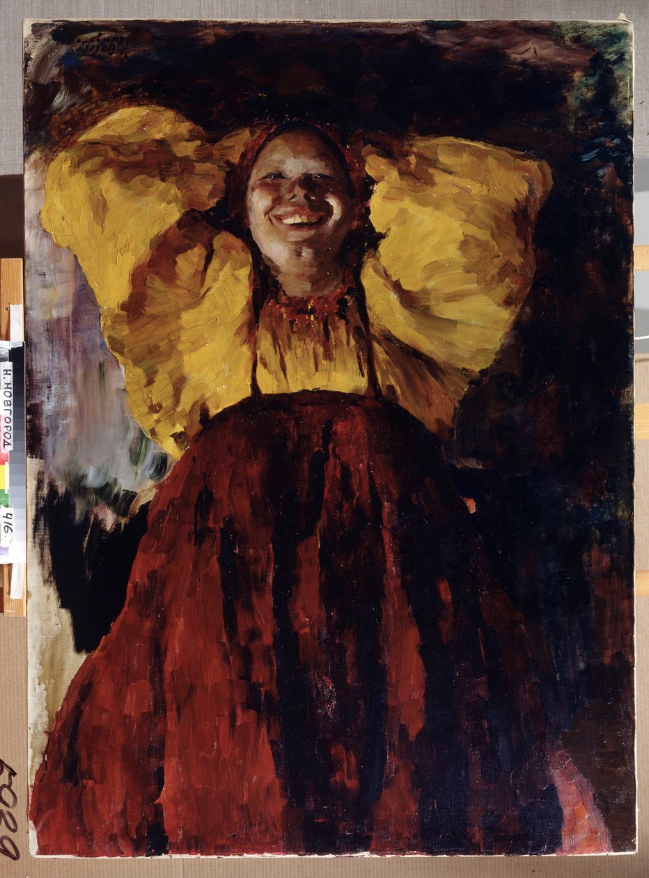 Kobieta w kolorze żółtym. Portret radosnej kobiety w tradycyjnym stroju, trzymającej ręce za głową. Obraz Filipp Andreevich Maliavin (Maliavine) (lub Andreyevich Malyavin) (1869-1940), olej na płótnie autorstwa Filipp Andreevich Maliavin