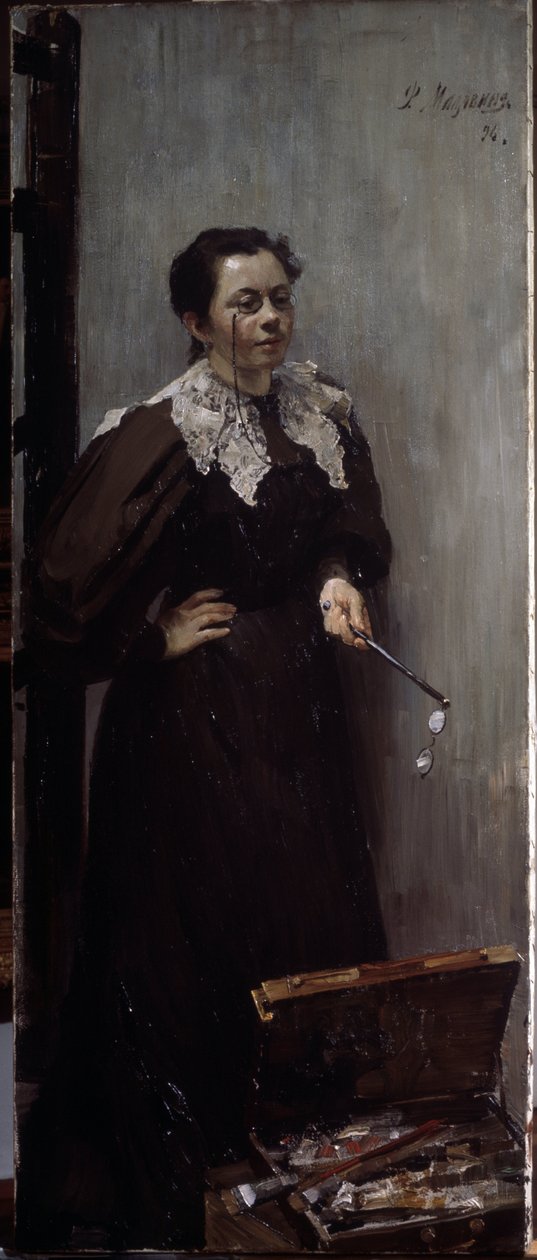Portret artysty Anna Ostroumova Lebedeva (Ostroumova-Lebedeva) (1871-1955) (Portret artysty A. Ostroumowej). Reprezentowała stojąca za sprzętem do malowania, z lornetką na nosie i kolejną parą w dłoni. Obraz Filippa And autorstwa Filipp Andreevich Maliavin
