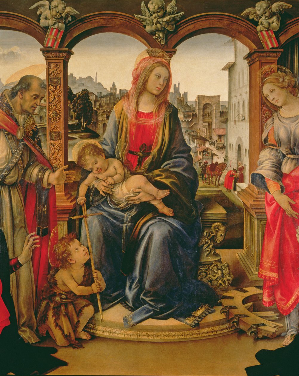 Ołtarz Nerli: Madonna z Dzieciątkiem z młodym św. Janem Chrzcicielem, św. Marcinem, św. Katarzyną i darczyńcami Tanai i Nanna dei Nerli, 1494 detal z 58333 autorstwa Filippino Lippi