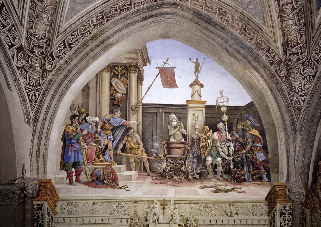 Ściana północna kaplicy Strozzich, Męczeństwo św. Jana Ewangelisty, ok.1457-1502 autorstwa Filippino Lippi