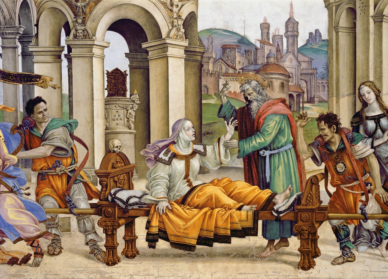 Ściana północna kaplicy Strozzich, Podniesienie Druzjany przez św. Jana Ewangelisty, ok. 1457-1502, fragment fresku z 208293 autorstwa Filippino Lippi