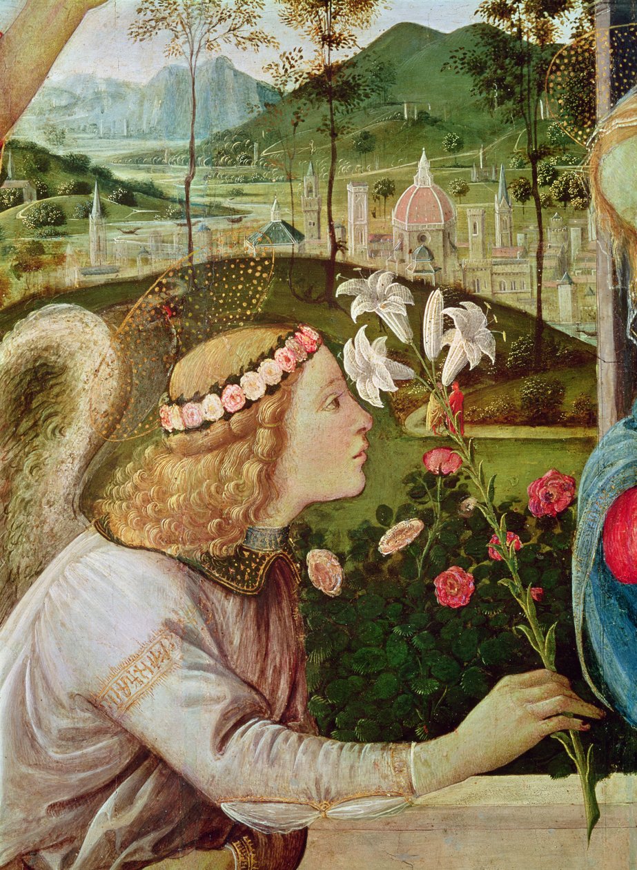 Zwiastowanie pomiędzy świętym Janem Chrzcicielem a świętym Andrzejem niosącym krzyż, szczegół głowy anioła, 1483-5 olej na płótnie autorstwa Filippino Lippi