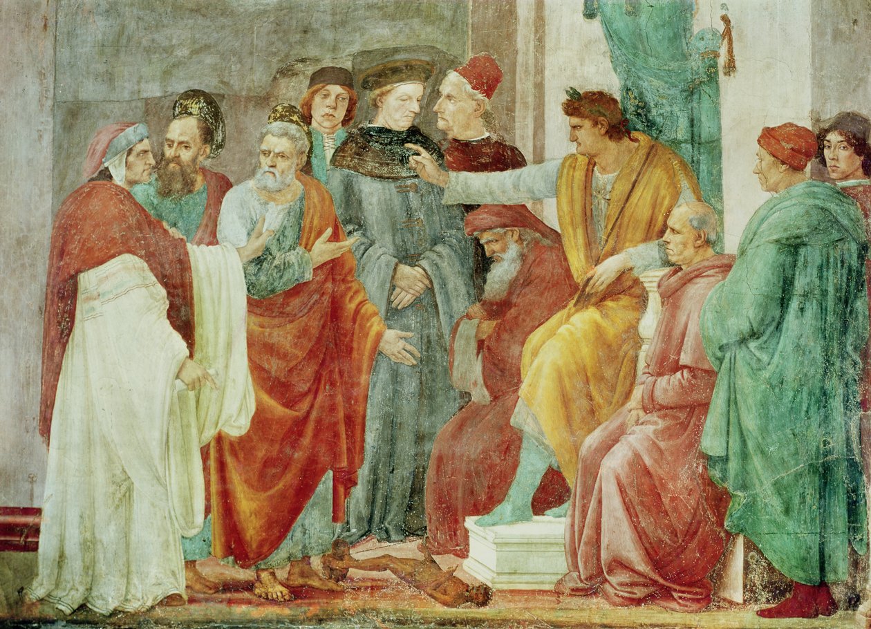 Spór z Simonem Mago (Nero na tronie), niższy poziom ściany na prawo od ołtarza, c.1484-85 autorstwa Filippino Lippi