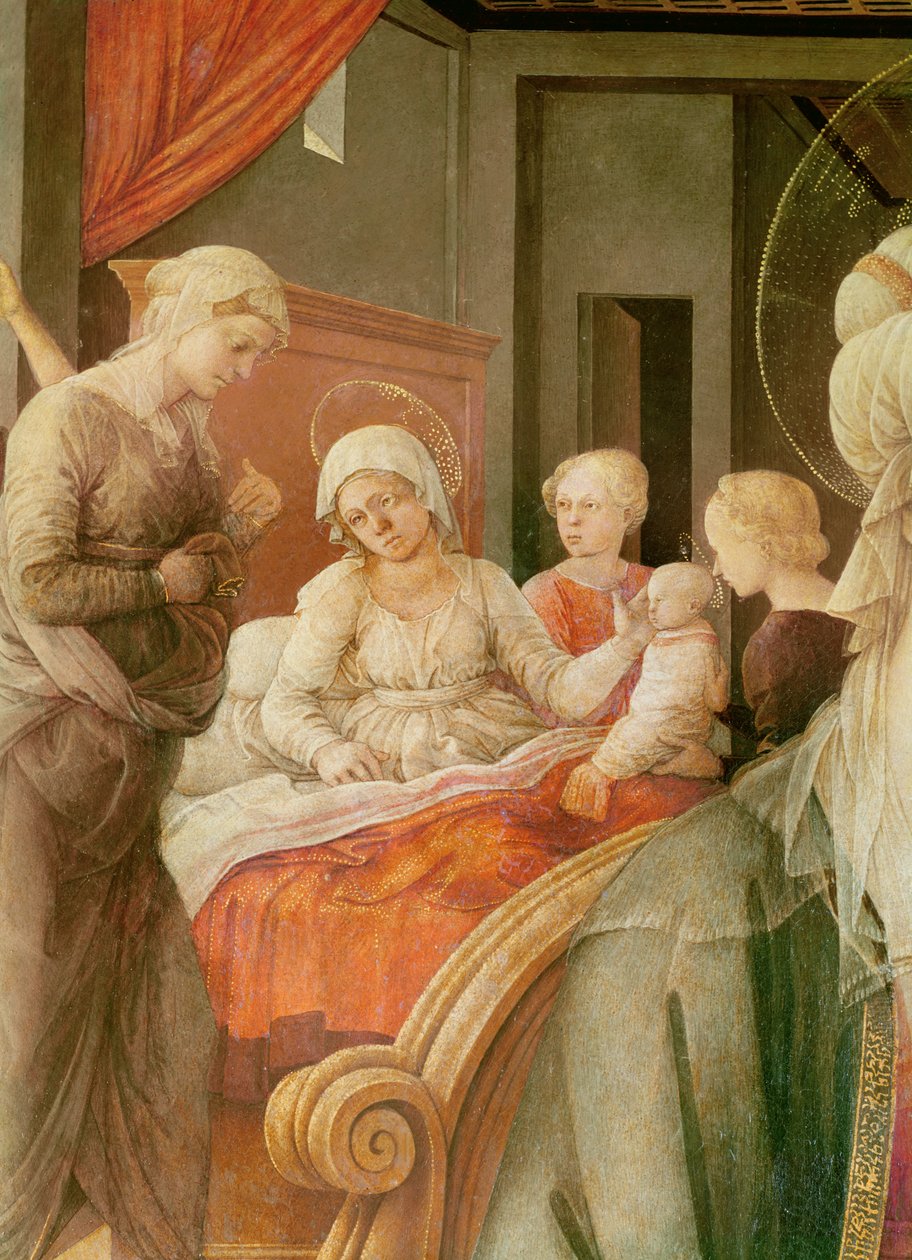 Tondo Bartolini, Madonna z Dzieciątkiem (historia Maryi), fragment narodzin Matki Boskiej, 1452 (olej na drewnie) autorstwa Filippino Lippi
