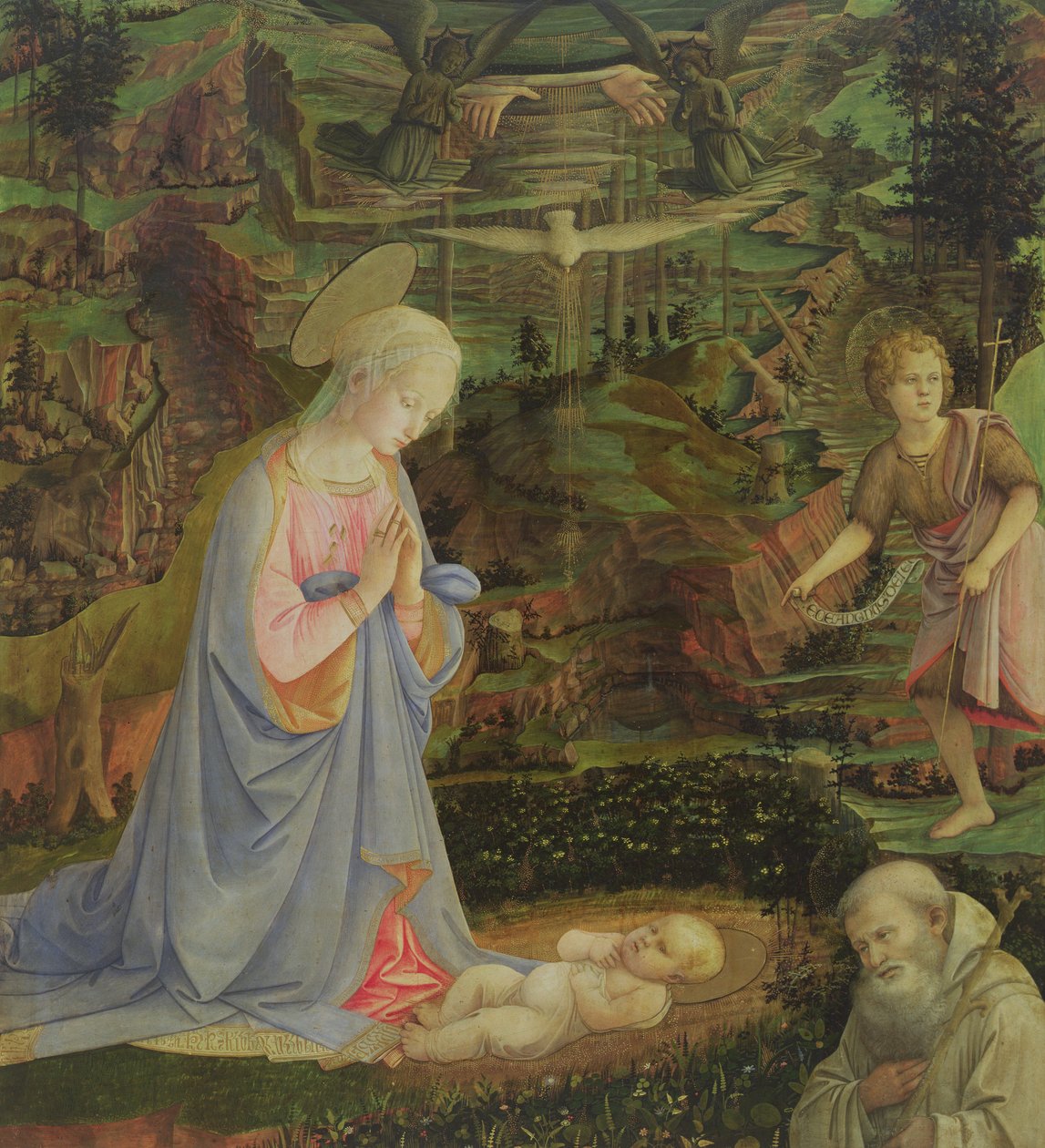 Adoracja Dzieciątka z Dzieciątkiem Św. Janem i Św. Romualdem (tempera na panelu) autorstwa Filippino Lippi