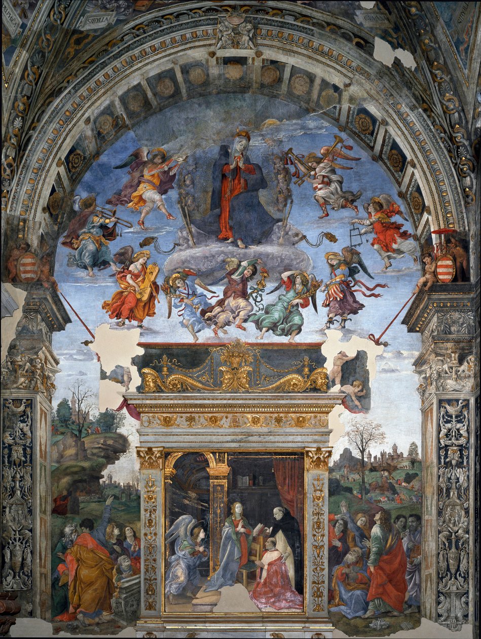 Wniebowzięcie Najświętszej Maryi Panny i poniżej św. Tomasz z Akwinu, który przedstawia kardynałowi Marii Oliviero Carafa Fresk autorstwa Filipińczyka Lippi (1457-1504) 1488-1492 Rzym, kościół Santa Maria sopra Minerva, kaplica Carafa Włochy autorstwa Filippino Lippi