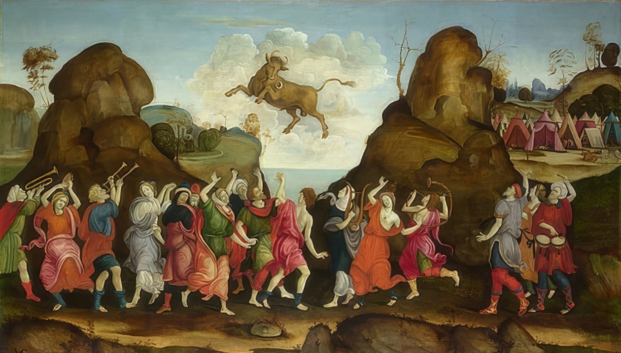 Adoracja byka. Około 1500 autorstwa Filippino Lippi