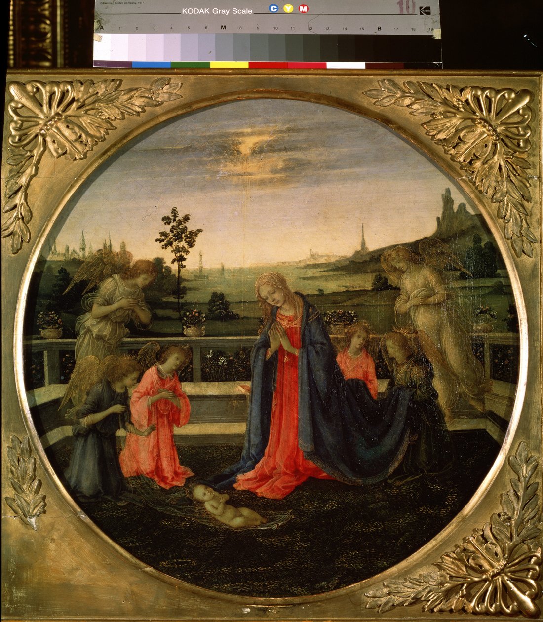 Adoracja Dzieciątka Jezus. Dzieciątko Jezus Chrystus adorowane przez Maryję Dziewicę i aniołów. Obraz Filippino Lippi (1457-1504), ok. 1480. Tempera na miedzi. Sztuka florencka, okres renesansu. Ermitaż, Saint Pet autorstwa Filippino Lippi