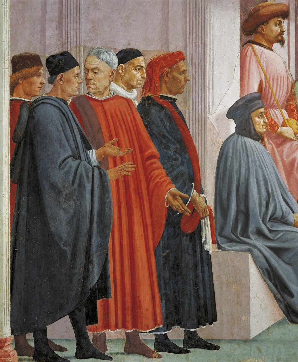 Mężczyźni w średniowiecznych strojach, fragment z Wskrzeszenia syna Teofila, Tommaso Masaccio, fresk autorstwa Filippino Lippi