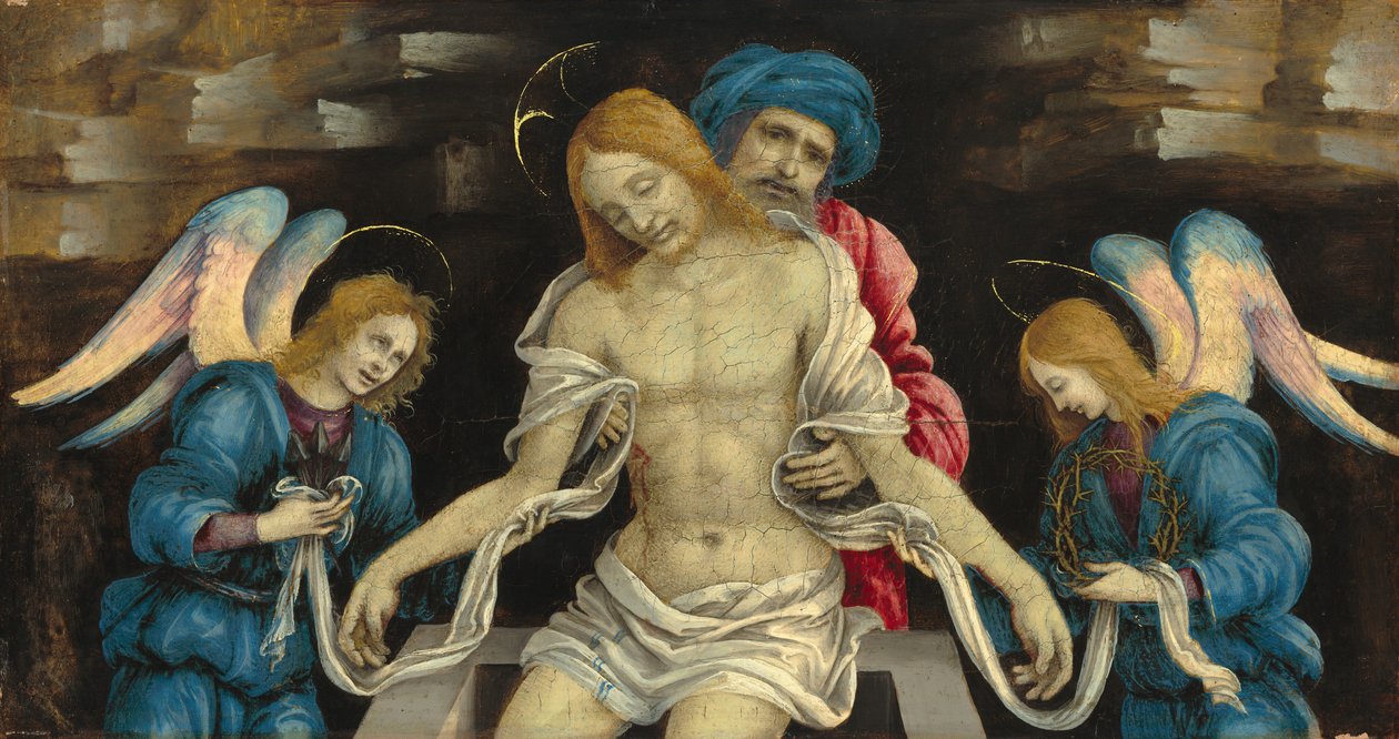 Pieta zmarły Chrystus opłakiwany przez Nikodema i dwa anioły 1500. autorstwa Filippino Lippi