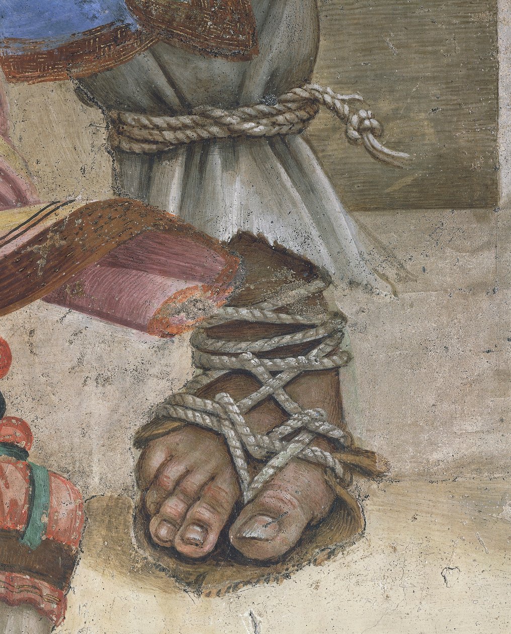 Święty Jan Ewangelista wskrzeszający Druzjanę autorstwa Filippino Lippi, fragment obuwia, fresk autorstwa Filippino Lippi