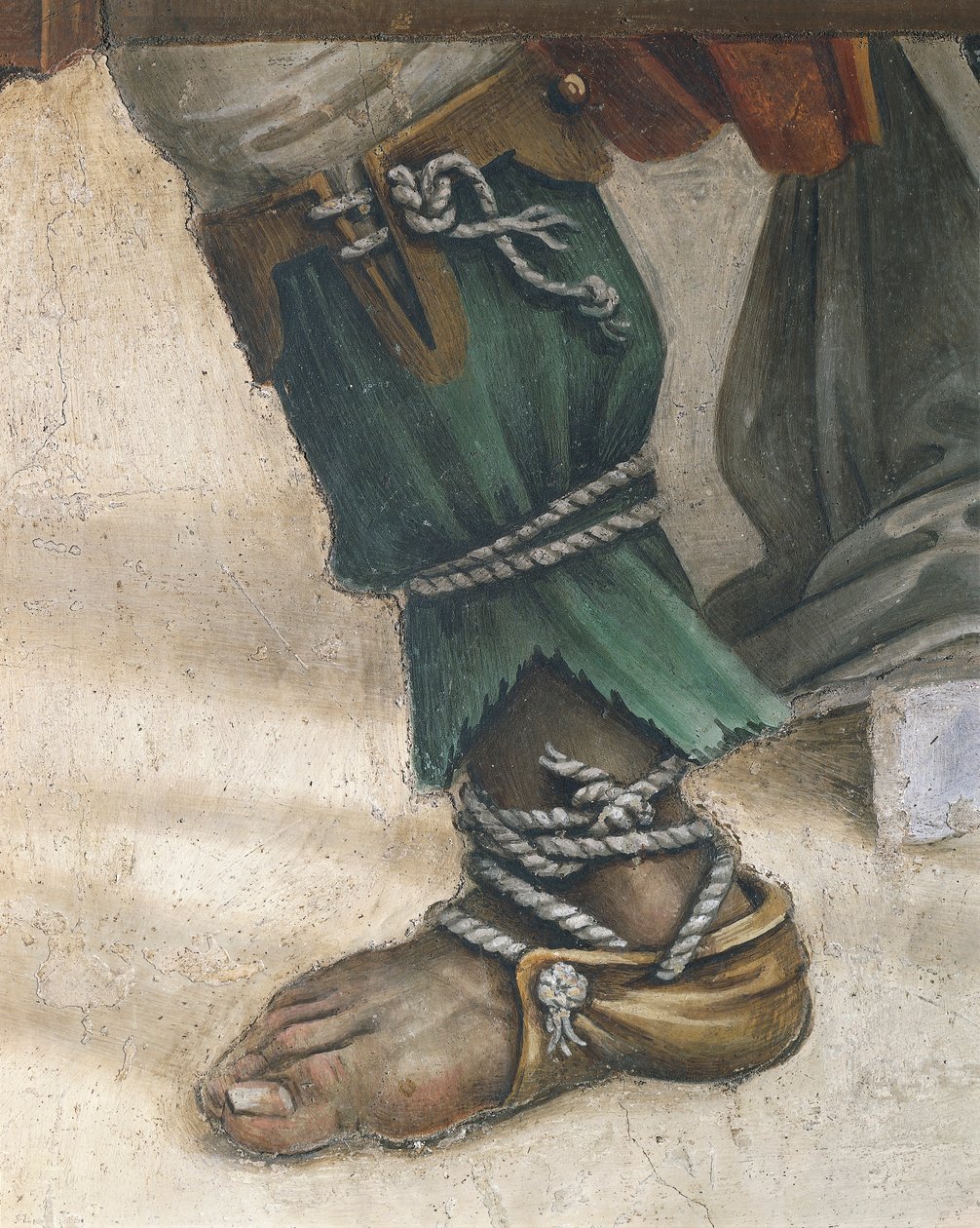 Św. Jan Ewangelista wskrzeszający Druzjanę autorstwa Filippino Lippi, fragment obuwia, fresk autorstwa Filippino Lippi
